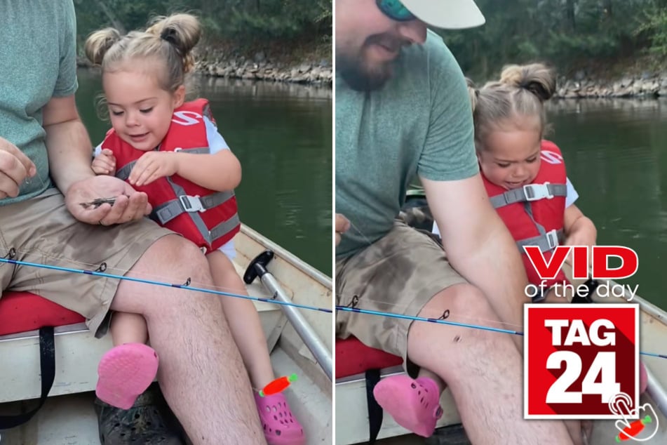 This little girl was NOT prepared to hold this tiny fish she caught with her dad.