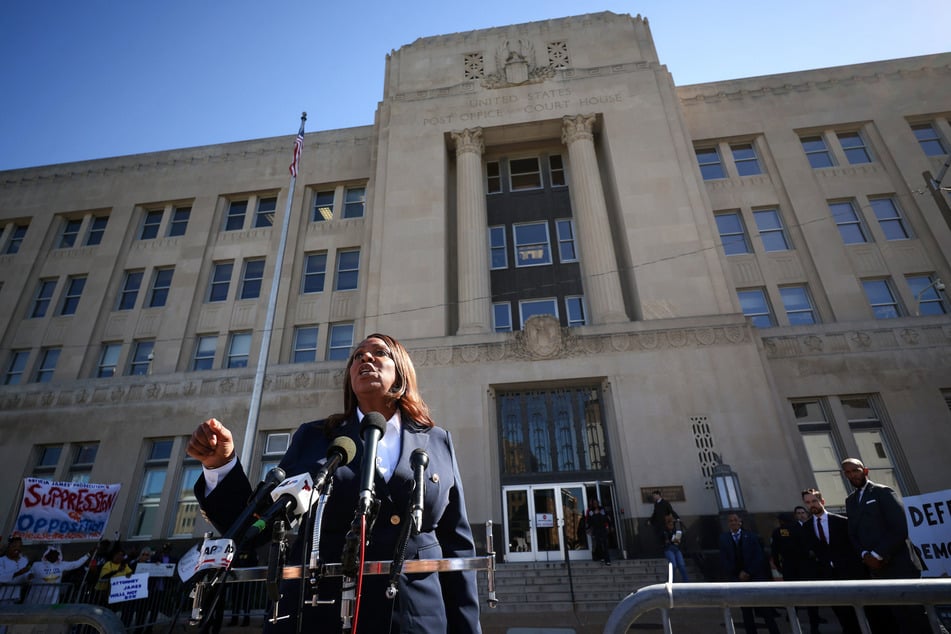 New York Attorney General Letitia James speaks outside the Walter E. Hoffman US Courthouse following an arraignment hearing on Friday in Norfolk, Virginia.