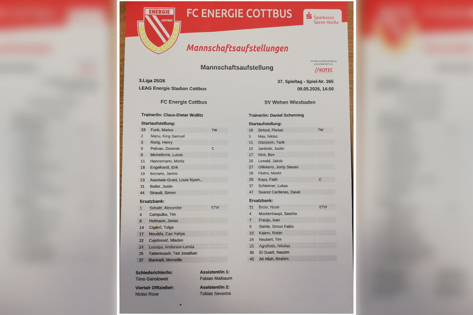 Mit dieser Elf geht Cottbus ins Spiel gegen Wiesbaden.