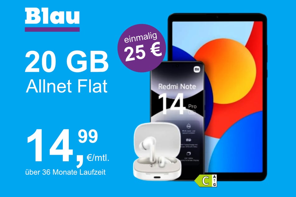 Das Xiaomi Redmi Note 14 Pro + Pad SE + Buds 6 im Blau Allnet M für einmalig 25 Euro.