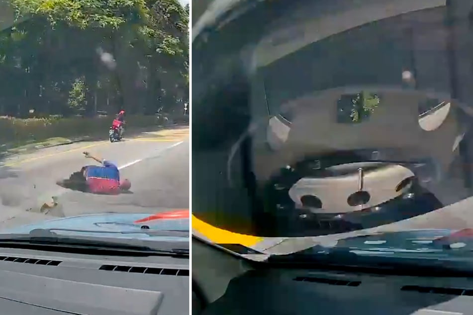 Der Mann landet auf dem Boden, der Reifen knallt auch noch gegen ein Auto.