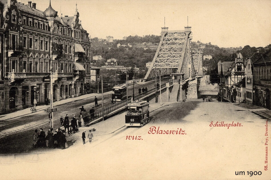 Die historische Postkarte zeigt den Schillerplatz am Blauen Wunder mit dem Café Toscana um 1900.