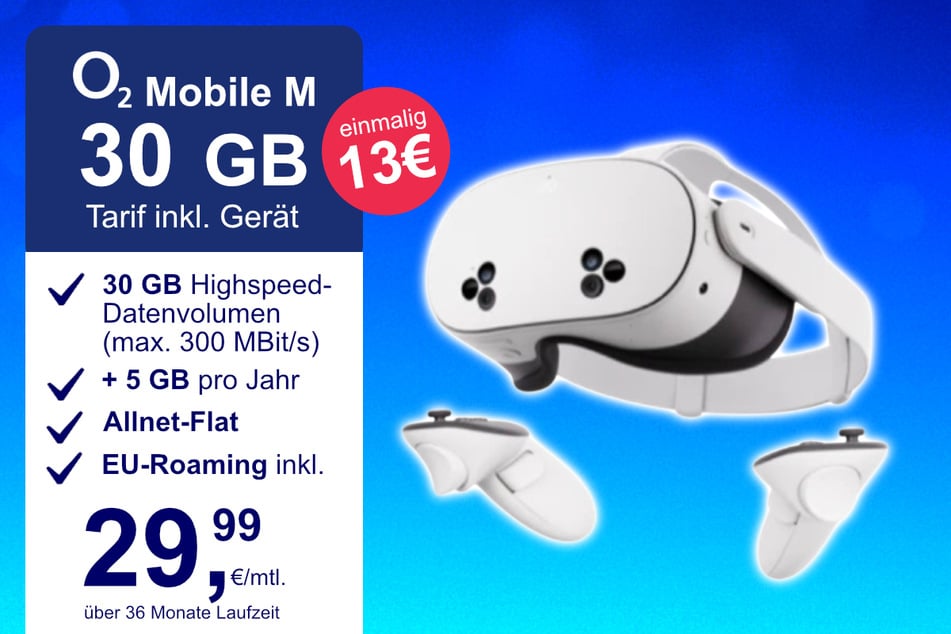 Die Meta Quest 3s im o2 Mobile M inkl. 30 GB+ für einmalig nur 13 Euro.