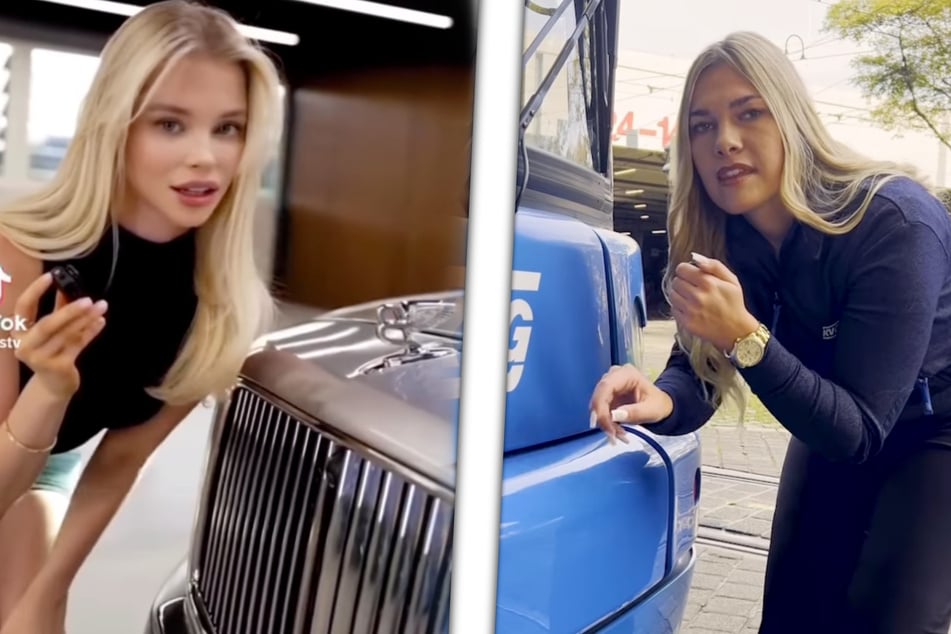 Links: Das attraktive blonde Model eines russischen Autohändlers, das einen Bentley im ASMR-Style präsentiert. Rechts: Die nicht weniger attraktive KGV-Bahnfahrerin Eileen Prieg.