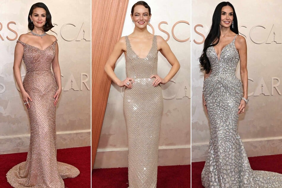 The red carpet sparkled with glittering confections, as evidenced by the gowns worn by (L-R) Selena Gomez, Emma Stone, and Demi Moore.