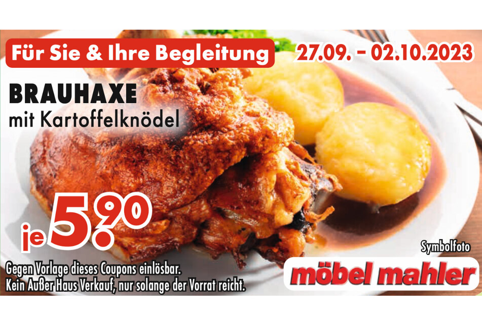 Coupon herunterladen und leckere Brauhaxe mit Kartoffelknödel für nur je 5,90 Euro genießen.