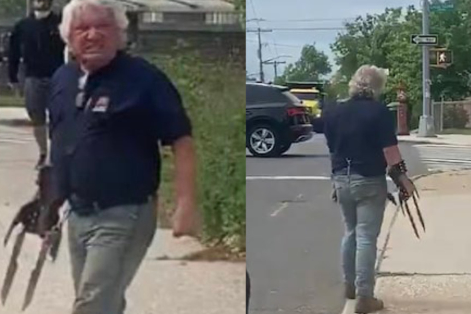 Mit seinem "Killer"-Handschuh bedroht Frank Cavalluzzi (54) einige Demonstranten.