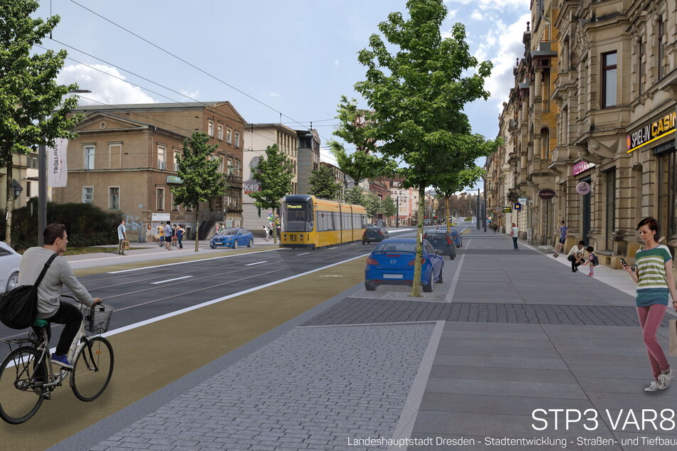 Eine Vision für den Abschnitt zwischen Katharinenstraße und Bischofsweg: Fahren Radler auf der Straße und teilen sich Straßenbahn und Autos eine Spur, bleibt mehr Raum für Fußgänger und Gewerbetreibende.