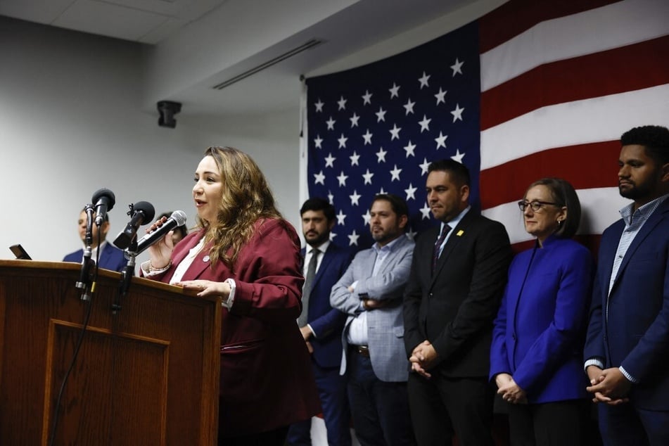 Delia Ramirez speaks at a Congressional Hispanic Caucus event welcoming new Latino members to Congress at the headquarters of the Democratic National Committee in Washington DC.