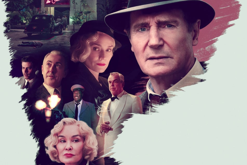 Detektiv Philip Marlowe (oben rechts, Liam Neeson) wird in die Ermittlungen einer wohlhabenden Familie im kalifornischen Bay City verwickelt.
