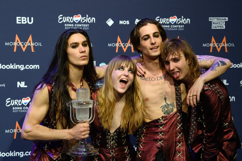 Die jungen Sieger von Måneskin: Gitarrist Ethan (20, v.l.n.r.), Bassistin Victoria (21), Sänger Damiano (22) und Gitarrist Thomas (20).