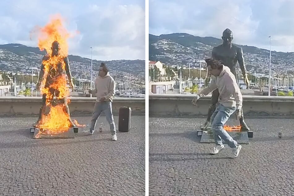 Die Statue von Cristiano Ronaldo ist Ziel einer irren Brandattacke geworden.