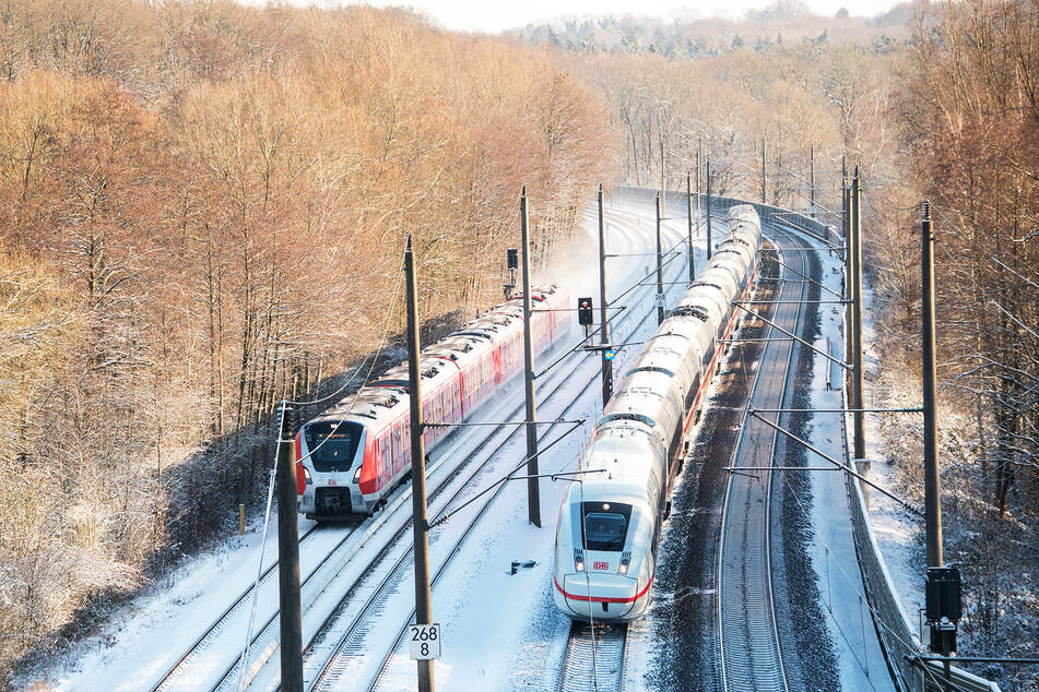 Eine S-Bahn und ein ICE der Bahn fahren auf verschneiten Gleisen durch einen Wald.