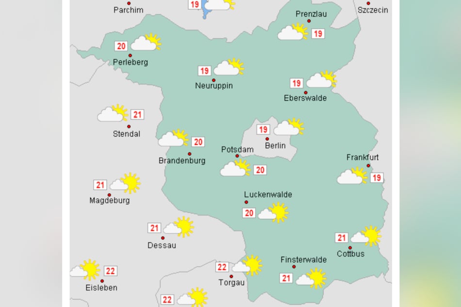 Am Montag liegen die Höchstwerte in Berlin und Brandenburg bei 19 bis 21 Grad.
