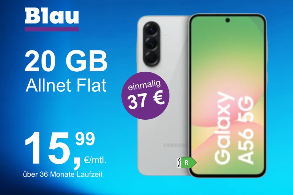 Das Samsung Galaxy A56 5G im Blau Allnet XL für einmalig 37 Euro.