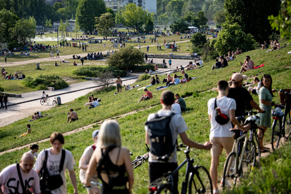 Zahlreiche Menschen suchen sich bei sonnigem Wetter ein Plätzchen im Mauerpark.