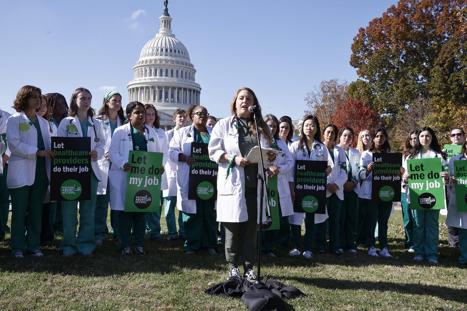 Doctors from across the US at a rally to protect abortion access in Washington DC.