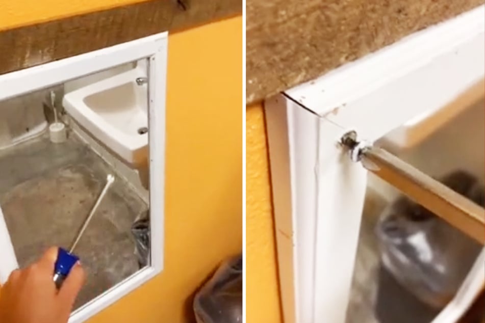 Woman investigates after noticing strangely placed mirror in restaurant  bathroom