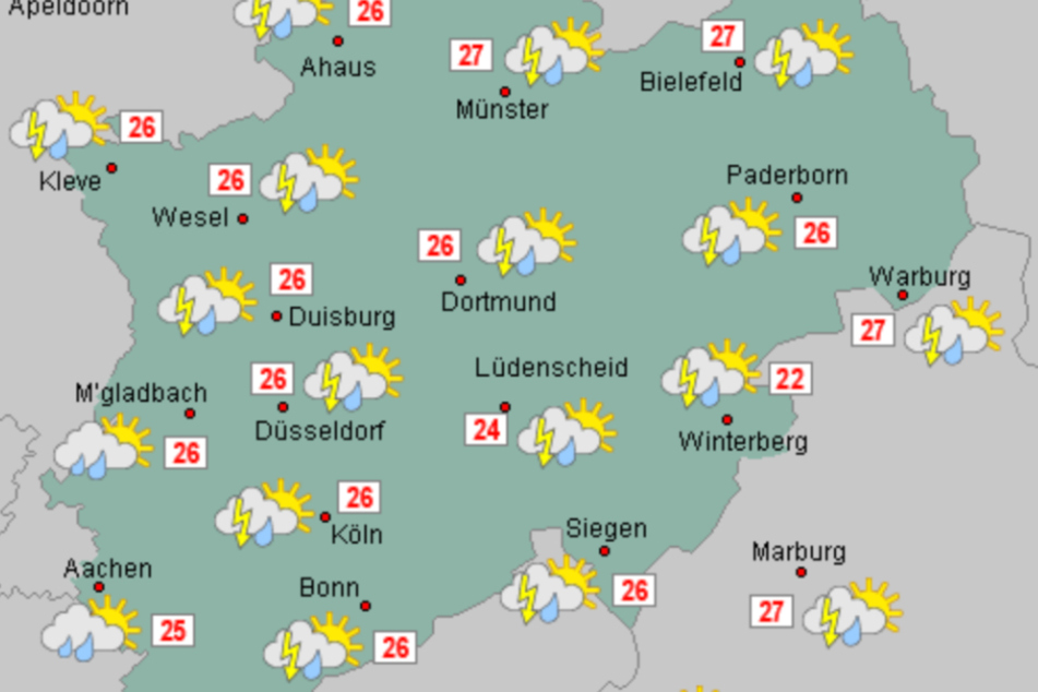 Am Sonntag kann es in ganz Nordrhein-Westfalen ordentlich krachen: Der Wetterdienst rechnet mit kräftigen Gewittern.