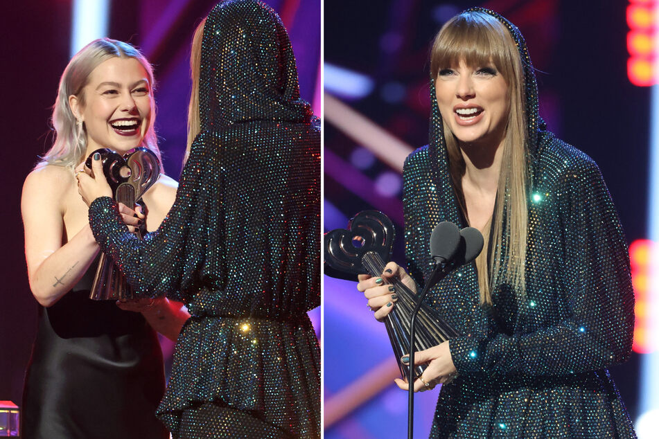 Phoebe Bridgers (l) presented Taylor Swift with the Innovator Award at the 2023 iHeartRadio Awards.