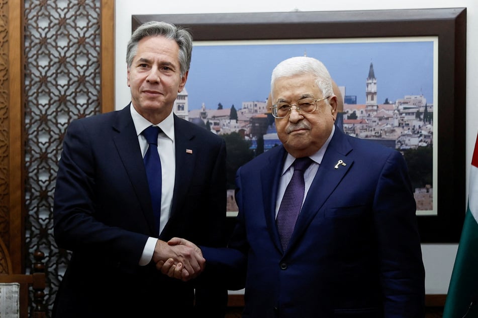 US Secretary of State Antony Blinken meets with Palestinian President Mahmoud Abbas at the Muqata in Ramallah in the Israeli-occupied West Bank on November 5, 2023.