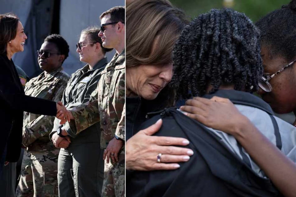 Vice President Kamala Harris (l.), who Donald Trump called incompetent, was in North Carolina Saturday meeting first responders and people hit by Hurricane Helene.