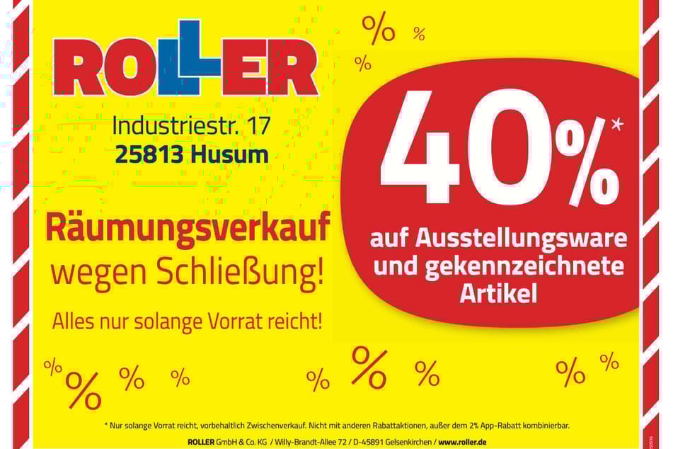 Während des Räumungsverkaufs bei ROLLER in Husum warten exklusiv 40 Prozent Rabatt¹ beim Möbelkauf.