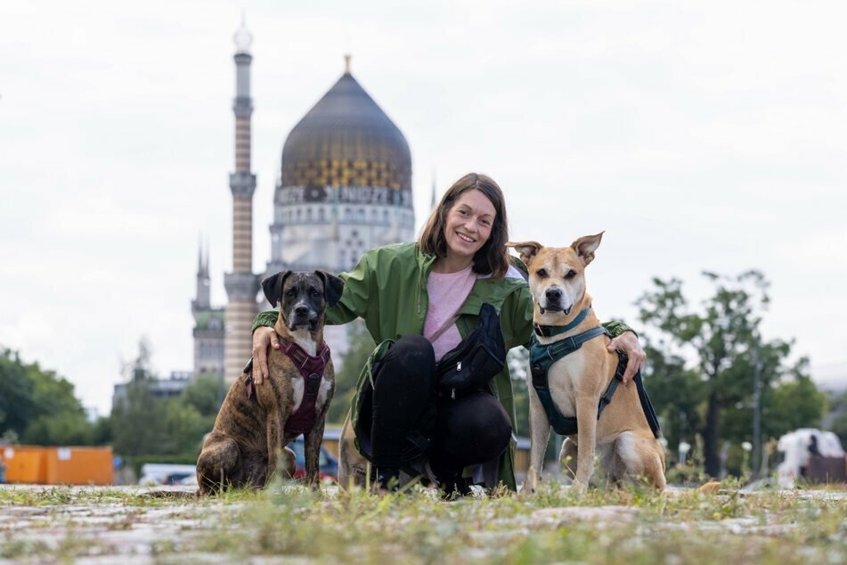 Maxi (34) genießt die Zeit mit ihren beiden Hunden Caspar (Mischling, 2 Jahre, r.) und Cleo (Boxer, 3 Jahre). In der Friedrichstadt sind besonders viele neue Hunde dazu gekommen.