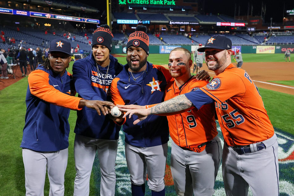 From l. to r.: Houston Astros relief pitcher Rafael Montero, relief pitcher Bryan Abreu, starting pitcher Cristian Javier, catcher Christian Vazquez, and relief pitcher Ryan Pressly threw a combined no-hitter in a victory over the Philadelphia Phillies in Game 4 of the 2022 World Series at Citizens Bank Park.