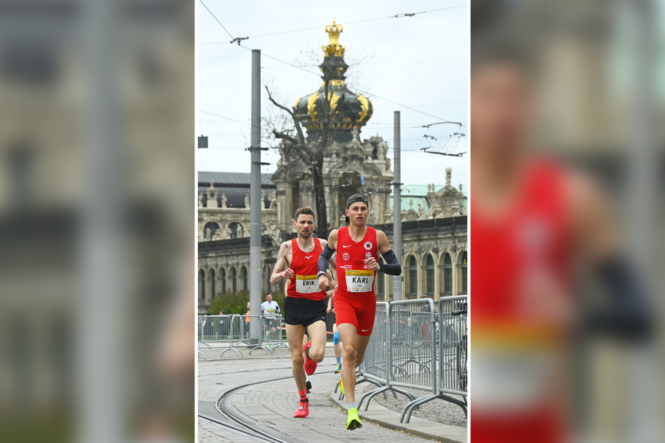 Karl Bebendorf (27, v.) lief zusammen mit Erik Hille (35) immer ein Drei-Minuten-Tempo durch die Dresdner Altstadt.