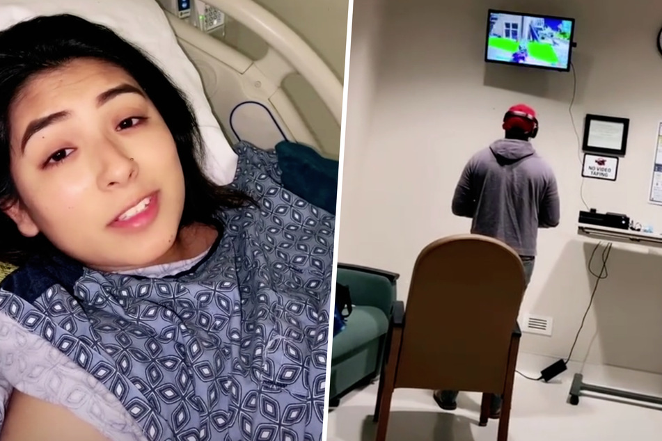 Was für ein kurioser Anblick: Während die junge Frau im Bett liegt, zockt ihr Freund.