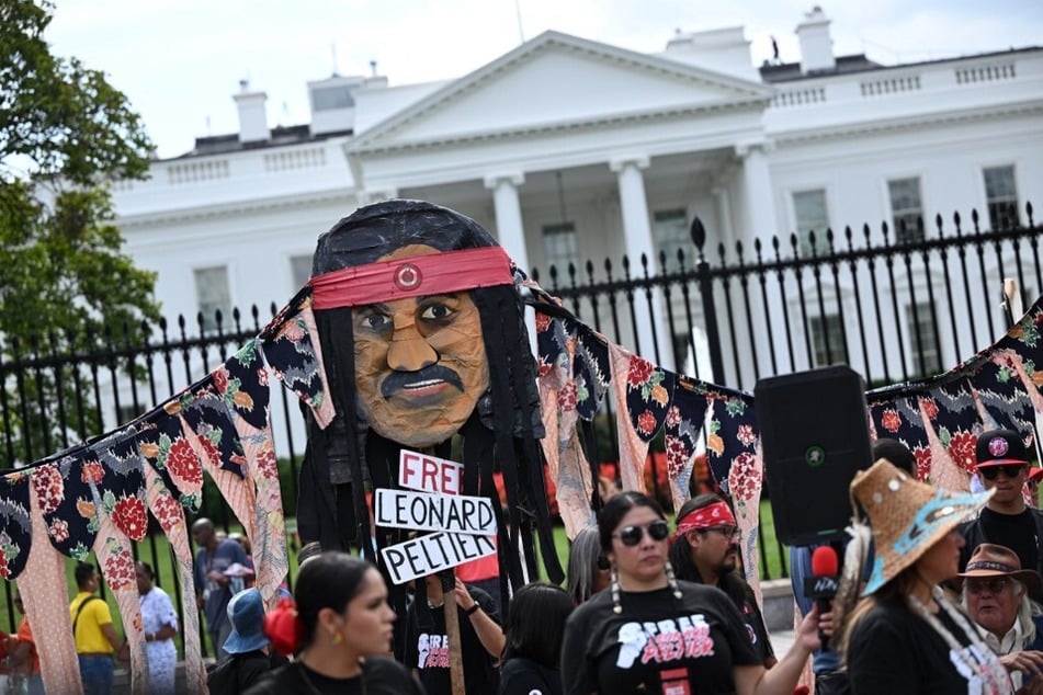 Protesters rally outside the White House demanding the release of imprisoned Indigenous activist Leonard Peltier on September 12, 2023.
