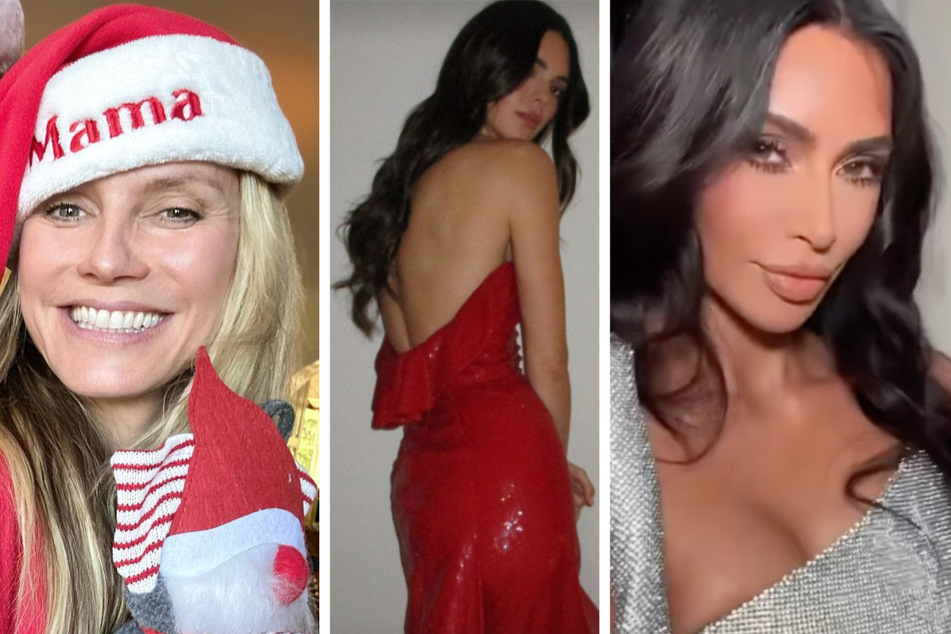 Heidi Klum (l.) celebrated Christmas around the tree with family, while Kendall Jenner (c.) donned a Valentino dress for the Kardashians' annual Christmas Eve bash alongside her sister Kim Kardashain (r.).