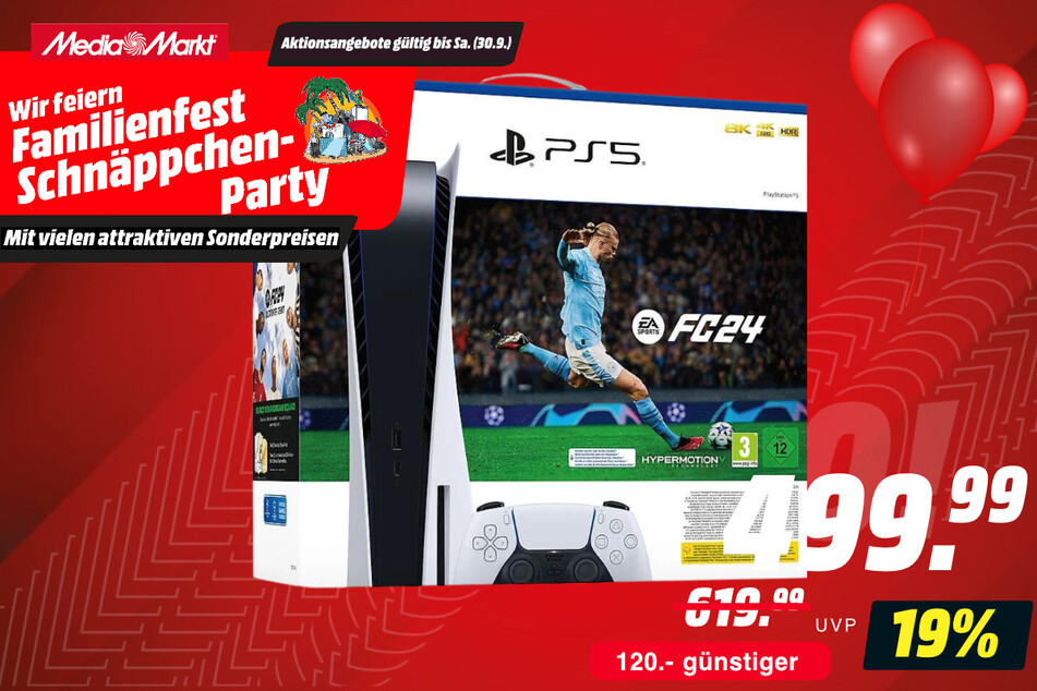 Sony PlayStation5 + EA Sports FC 24 für 499,99 statt 619,99 Euro.