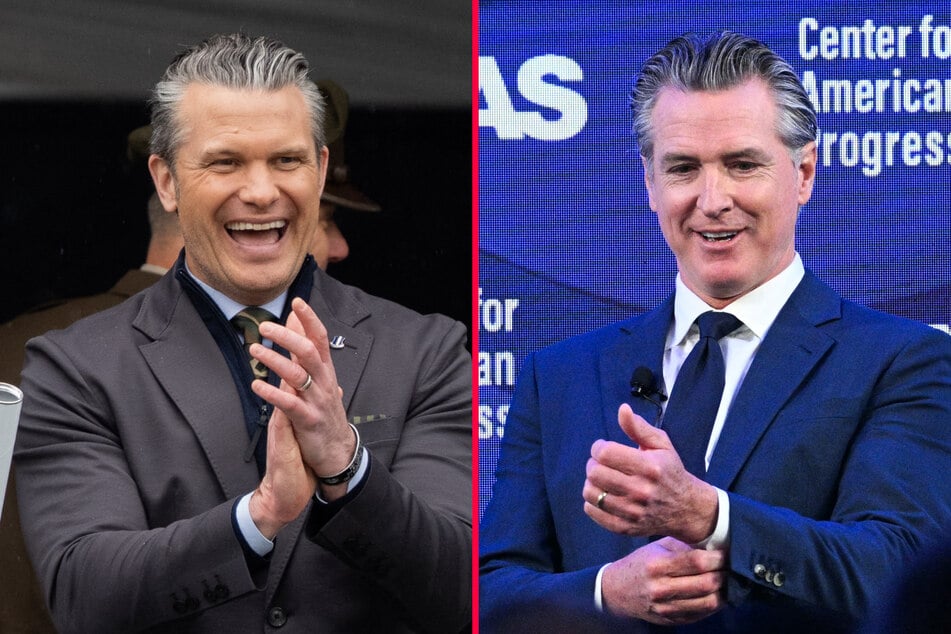 California Governor Gavin Newsom (r) trolled Secretary of Defense Pete Hegseth (l) over a recent helicopter stunt at a car race.