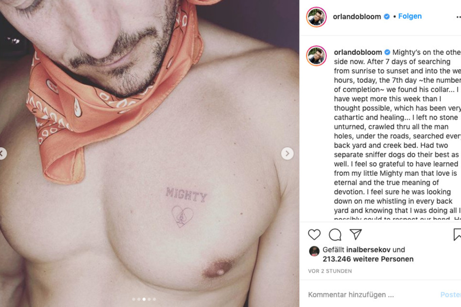 Zeichen der Liebe sowie Verbundenheit und in Ewigkeit: Das neue Tattoo von Orlando Bloom in Gedenken an seinen Hund Mighty.