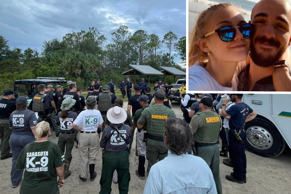 Rescue teams and K-9 units continue to search the vast Carlton Reserve in the Sarasota, Florida area for Brian Laundrie. Laundrie (inset r.) is a person of interest in the disappearance of his fiancé Gabby Petito (inset l.) who was killed while they traveled cross-country in a converted van.