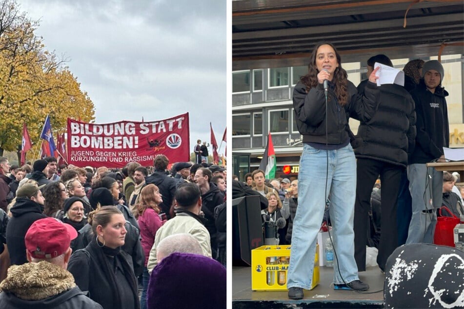 Links: Viele der Demonstranten haben Banner dabei, dort heißt es zum Beispiel: "Bildung statt Bomben". Rechts: Lara von den Organisatoren.