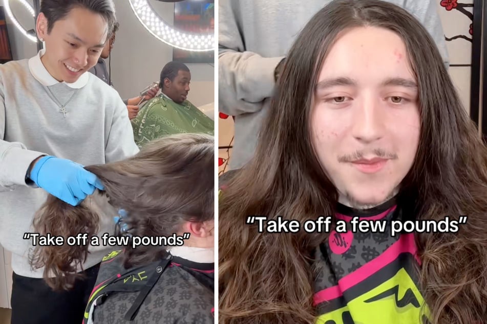 Als der junge Mann auf dem Friseurstuhl saß, zückte Thai Nguyen (l.) gleich die Schere.