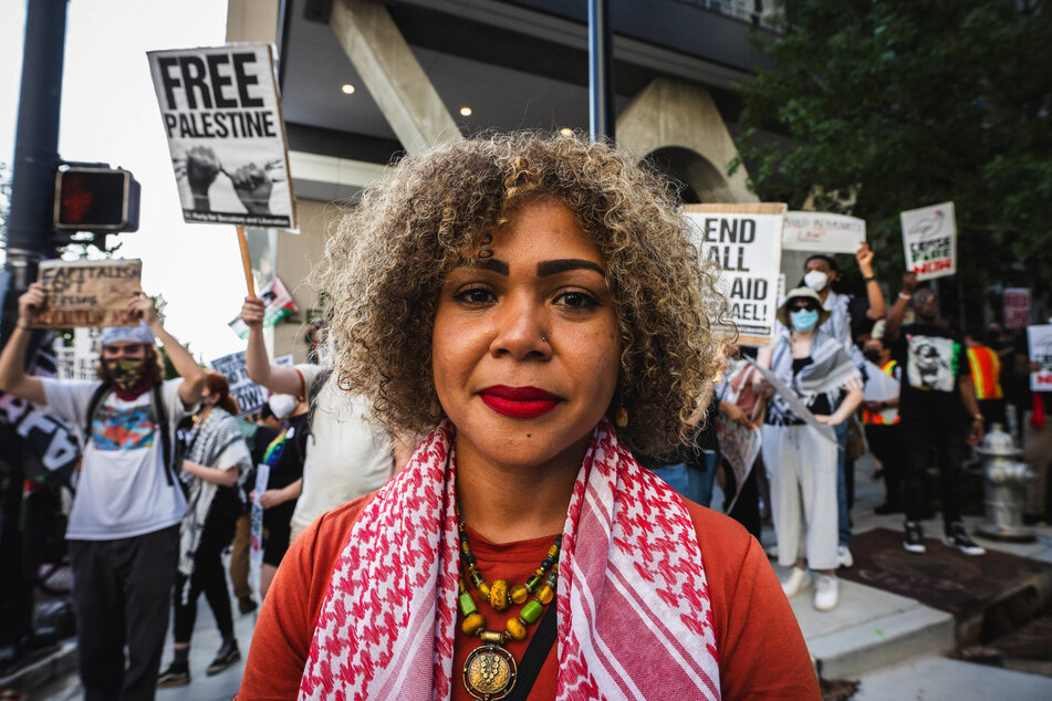 Party for Socialism and Liberation presidential candidate Claudia De la Cruz joins Gaza solidarity protesters rallying outside the Democratic National Convention in Chicago, Illinois.