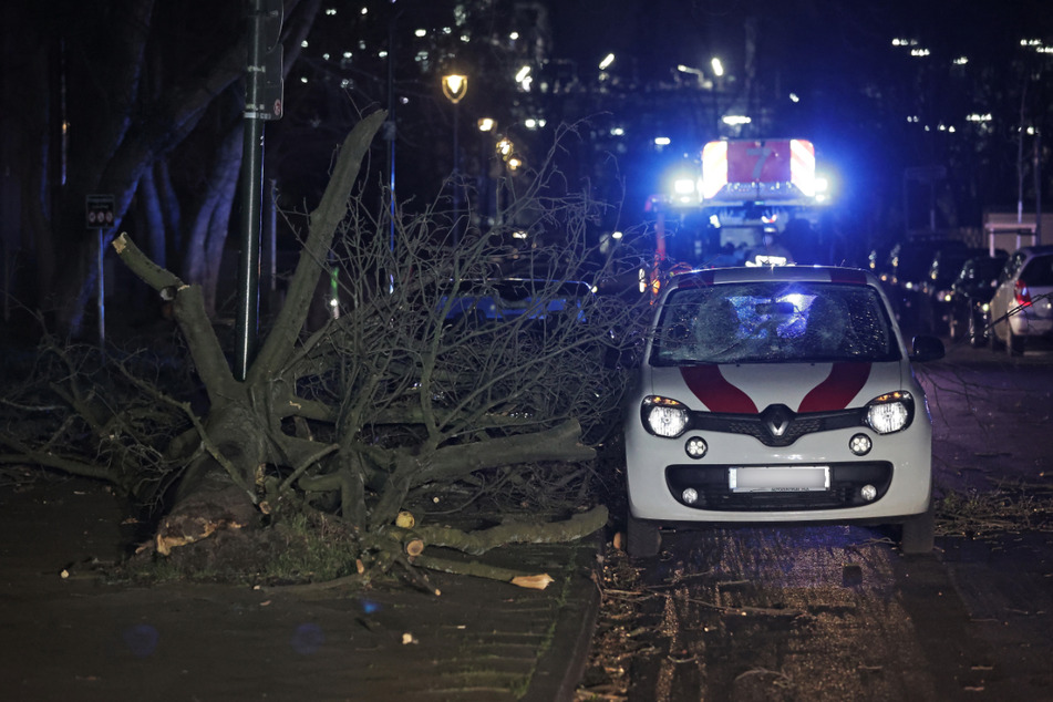 In Düsseldorf-Wersten wurde ein Auto von einem Baum begraben, der vom Sturm umgerissen wurde. Der Baum riss bei seinem Sturz auch eine Gaslaterne um, sodass am Unfallort Gas ausströmte.