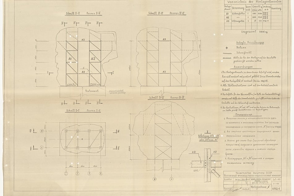 Wie das Gerüst im Inneren des Karl-Marx-Kopfes konstruiert ist, zeigt eine Zeichnung, die im Stadtarchiv verwahrt wird.