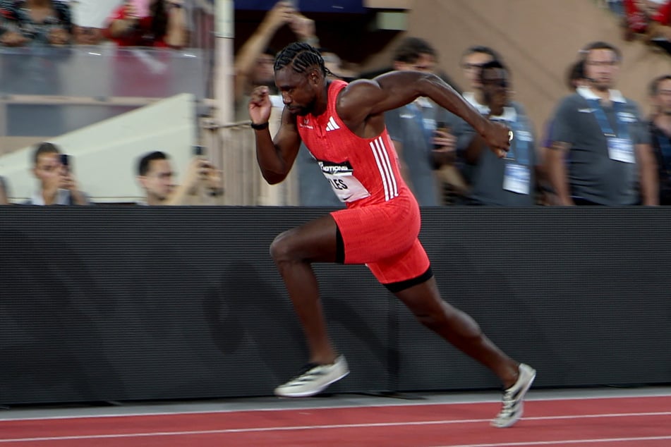Noah Lyles competes in the men's 200m event of the Diamond League athletics meeting at the Louis II stadium in Monaco on July 11, 2025.