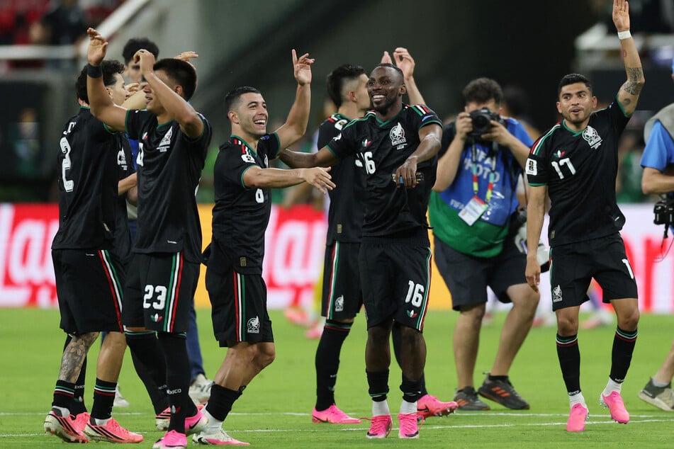 Mexico's Julian Quinones and teammates celebrate after their World Cup Group A match against South Korea on June 18, 2026.