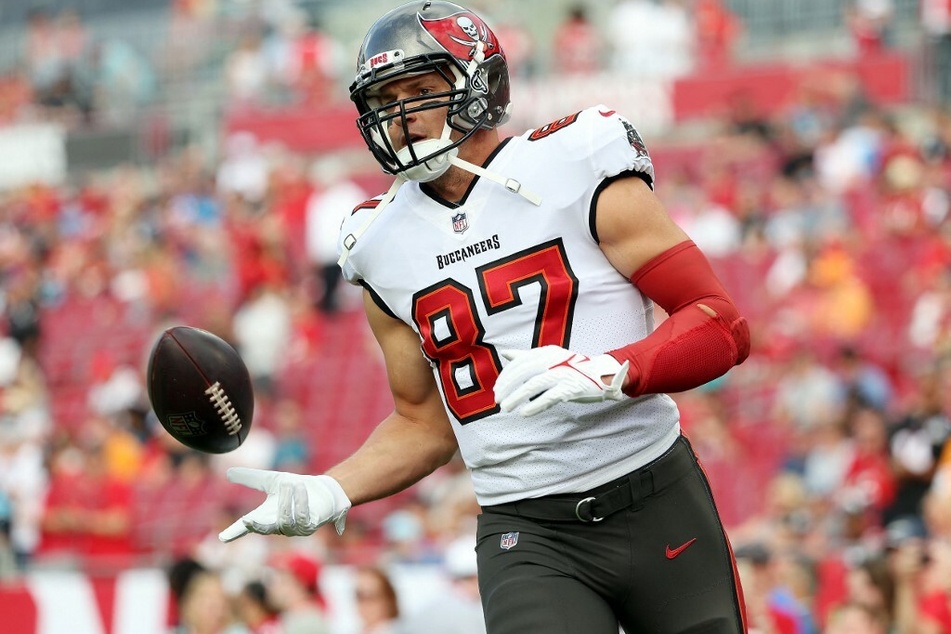 Rob Gronkowski of the Tampa Bay Buccaneers warms up prior to a game.