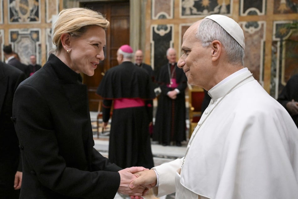 This photo taken and handed out on Saturday by The Vatican Media shows Pope Leo XIV meeting with actress Cate Blanchett, during an audience with artists from the world of cinema in The Vatican.