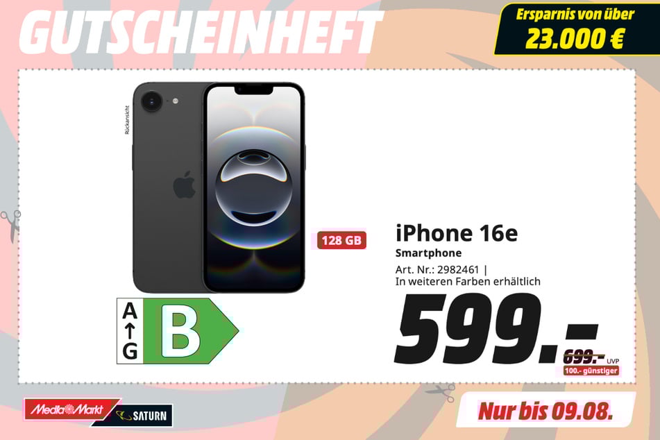 Apple iPhone 16e (128 GB)
für 599 statt 699 Euro.