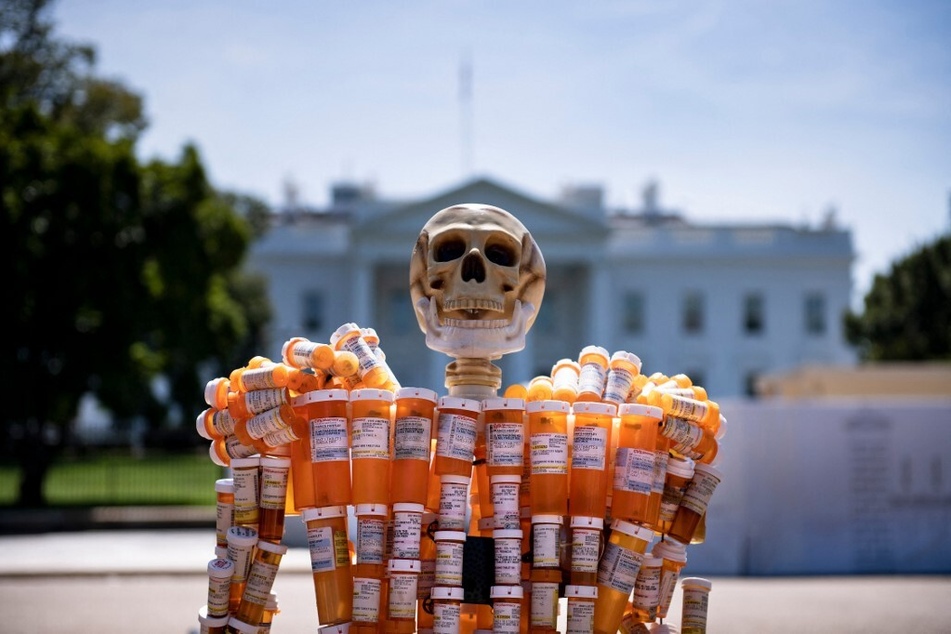 Pill Man, a skeleton made from Frank Huntley's oxycontin and methadone prescription bottles, is seen on Pennsylvania Avenue in front of the White House.