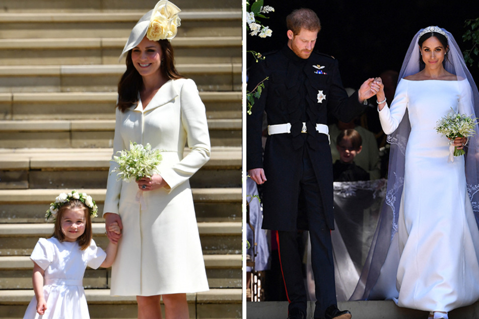 Prince Harry claims that Kate Middleton (center l) made Meghan Markle (r) cry in a spat over wedding dresses.