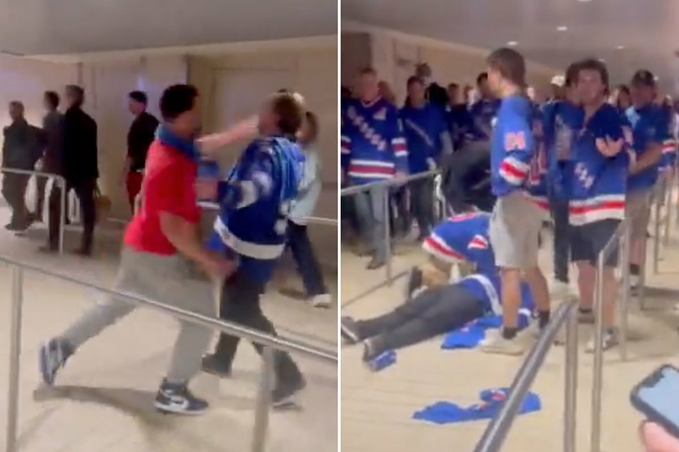 A Rangers fans knocked out a Lightning supporter after Thursday's Game 5 of the Eastern Conference Final.